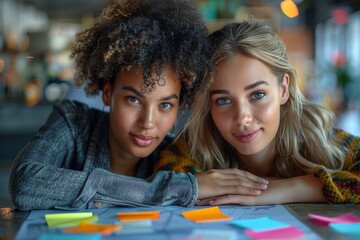 Smiling young women lean on a table scattered with colorful sticky notes, looking sincerely at the camera