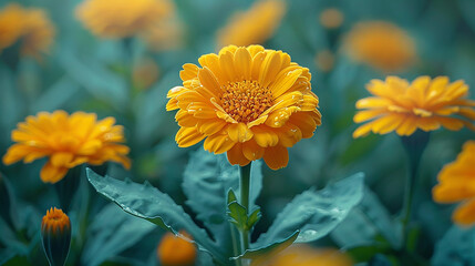 Yellow marigolds in a flower bed with green leaves and stems