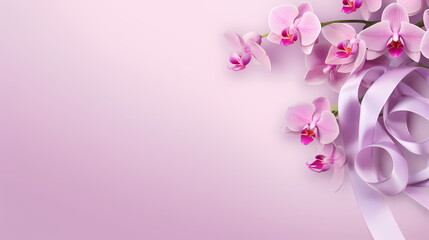 Fototapeta na wymiar Light purple background with flowers and ribbons