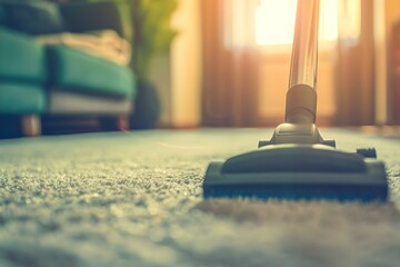 Vacuuming carpet to keep house clean. Concept House Cleaning, Carpet Maintenance, Household Chores