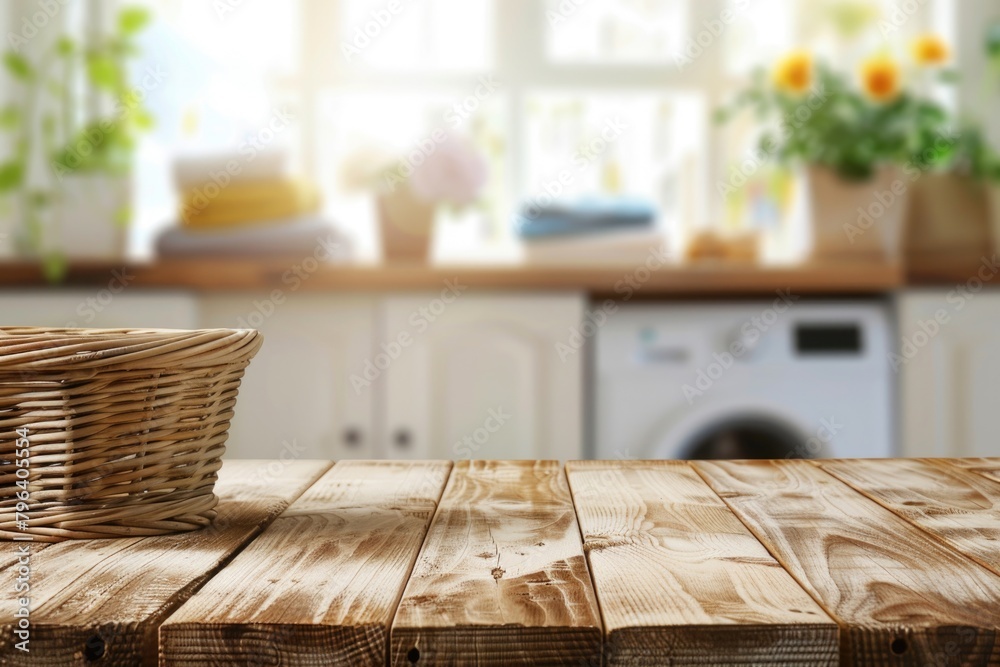 Poster a basket sitting on top of a wooden table. suitable for various rustic themes