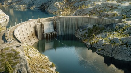 A large dam with a vast body of water, suitable for infrastructure and environmental themes