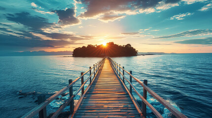 Aesthetic beautiful island destination, endless bridge into the ocean, palm leaves, sun rays. Travel Ad. Generative AI