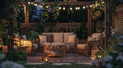Obraz premium A patio with a wooden pergola and a wicker furniture set