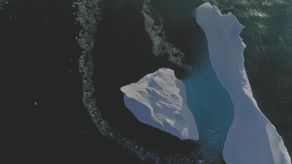 Iceberg Float Open Water Ocean Drone Aerial View. Huge Ice Melt Global Antarctica Climate Change...