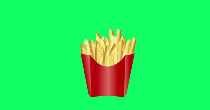 French Fries potato in red carton package box. Roasted potato chips in deep fat fry oil potatoes on green screen chroma key. Yellow sticks. Fast Food. Unhealthy tasty food. 4K motion graphic animation