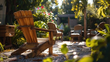 A wooden chair is sitting in a garden with a few other chairs and a bench
