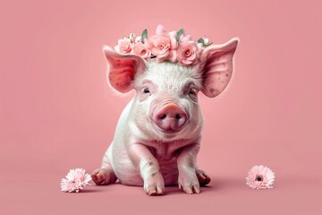 Cute pig wearing a flower crown, perfect for animal lovers