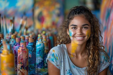 Obraz na płótnie Canvas A radiant young artist surrounded by vibrant paint bottles, her smile reflects her creative passion