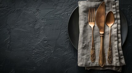 Minimalistic table arrangement with linen napkin and bronze utensils against a dark backdrop