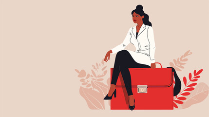 Confident young businesswoman sits on a large red 