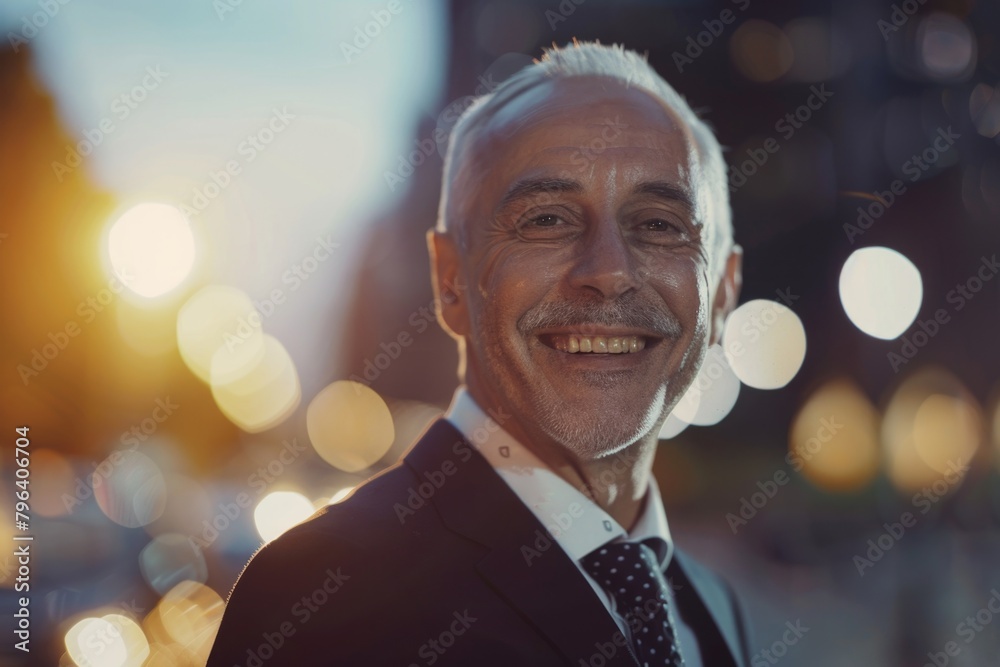 Poster a man in a suit and tie smiling at the camera. suitable for business and corporate concepts