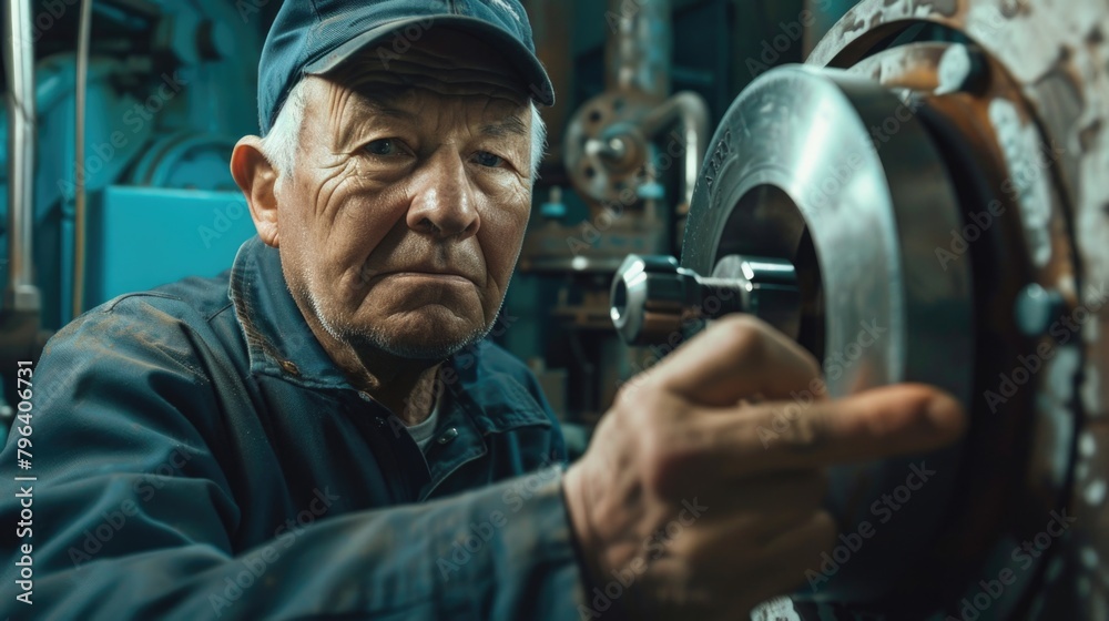 Poster a man wearing a cap working on a machine. suitable for industrial concepts