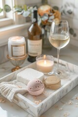 Fototapeta na wymiar Top-view shot of a luxurious bath tray with a wine glass, a bar of artisanal soap, a single bath bomb, and a scented candle