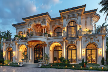 A luxurious mansion in Miami, with a grand entrance and intricate architecture, surrounded by lush gardens under the warm glow of twilight lights. Created with Ai