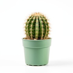 A solitary green cactus plant with sharp thorns potted in a mint green container, isolated on a white background