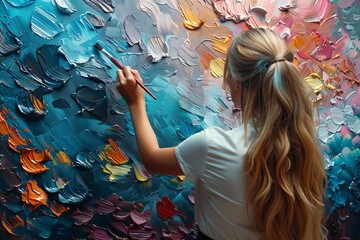 Female artist with a brush adding vibrant colors to a textured canvas, showcasing artistic...