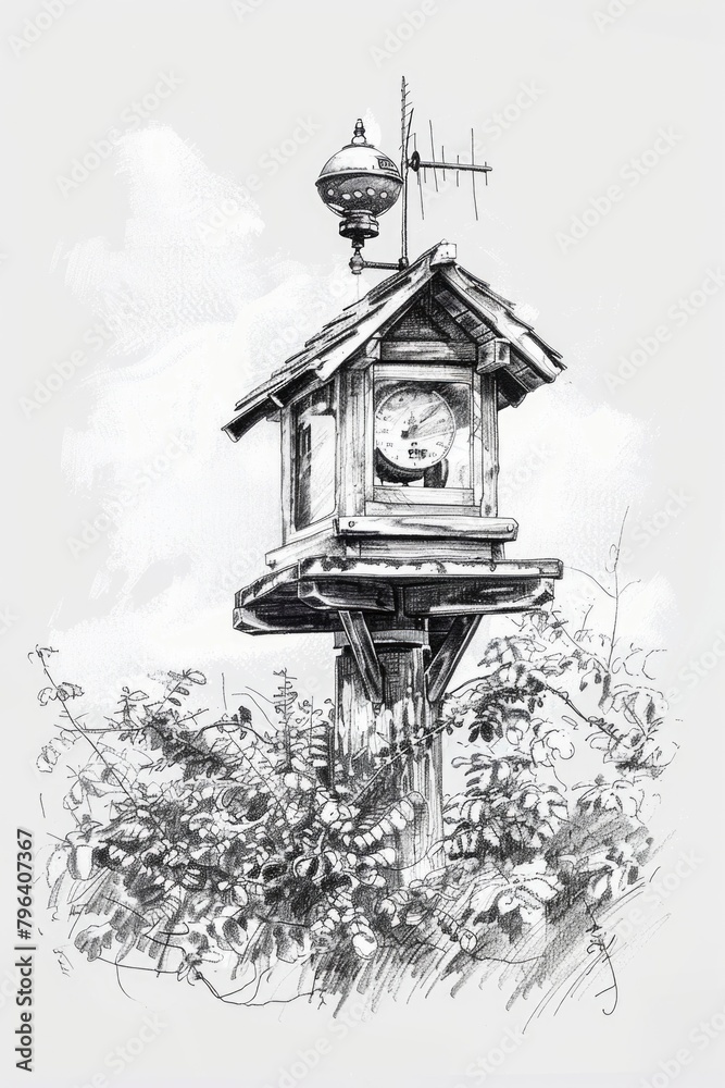 Poster detailed drawing of a birdhouse with a clock on top, suitable for various design projects
