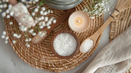 Top-view shot of a textured spa arrangement: woven tray, textured ceramic oil holder, textured bath salts, rough wooden spoon, and a flickering candle