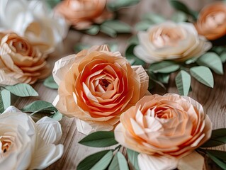 A bunch of paper flowers are arranged on a wooden table