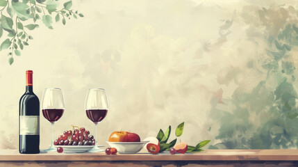 A serene still life painting with a bottle of red wine, glasses, and an assortment of fresh fruit on a table.