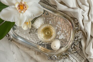 Top-view shot of a vintage silver tray with a luxurious bath setup: a glass of champagne, delicate bath salts, a single orchid