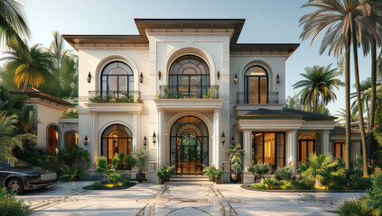 Fototapeta na wymiar A realistic rendering of the exterior front view of an elegant two-story villa with neoclassical architecture, featuring arched windows and doors, Created with Ai