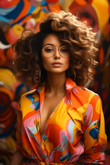 Fototapeta premium Woman with glasses and colorful shirt is posing.