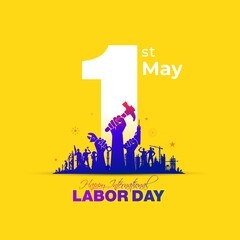May 1st Labor Day or Labour Day greeting card. Happy International Labour Day text with industrial workers. - obrazy, fototapety, plakaty