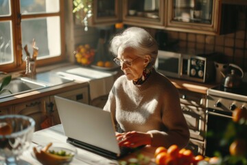 Woman sitting at kitchen table using laptop. Perfect for technology and work from home concepts