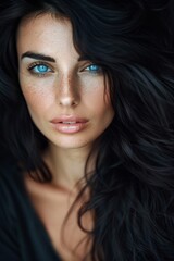 A radiant woman with long, sun-kissed black hair and captivating blue eyes