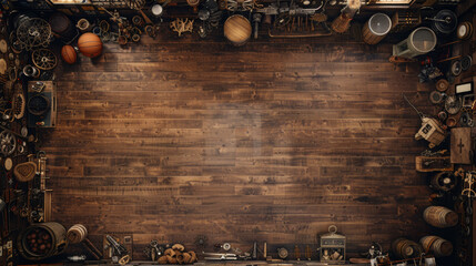 A wooden floor with a lot of objects on it. The objects are scattered all over the floor, and there is a basketball in the middle. Scene is cluttered and disorganized