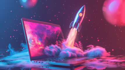 Space rocket shuttle with a cloud of smoke and blast takes off from a laptop, Creative idea and startup. Successful business project, generative ai