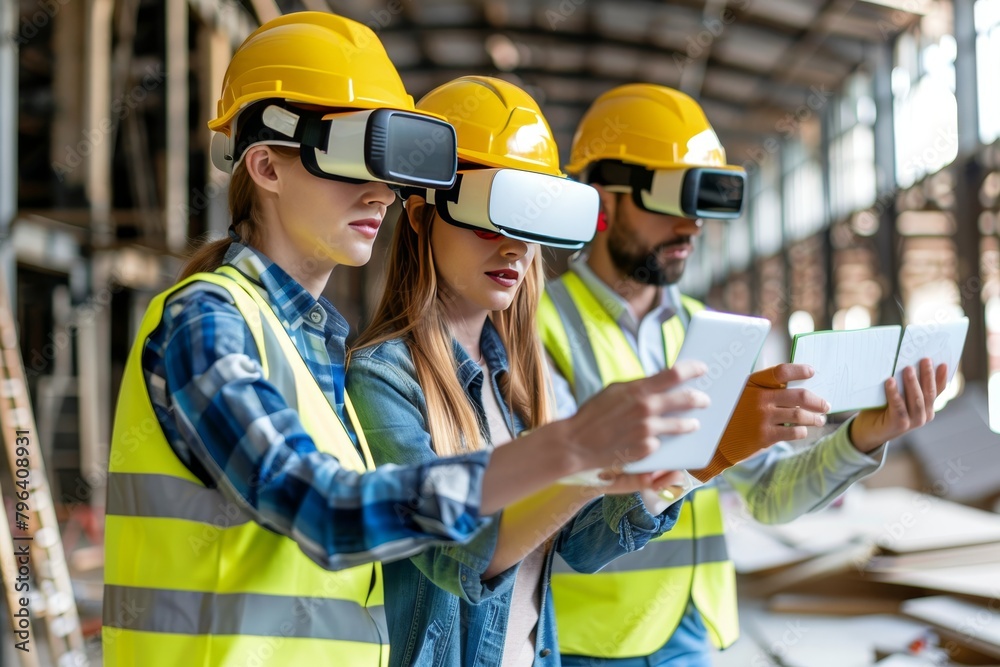 Poster engineers in close up using augmented reality glasses for collaborative design project