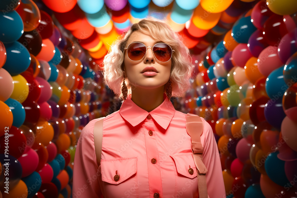 Sticker woman wearing sunglasses and pink shirt in room with balloons.