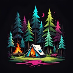 Graffiti abstract dark forest and camping logo for t-shirt