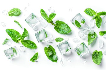 Refreshing ice cubes with mint leaves, perfect for summer drinks - obrazy, fototapety, plakaty