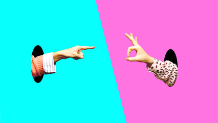 Male and female hands sticking out holes on blue pink background and gesturing. Femininity meets masculinity. Contemporary artwork. Concept of creativity, abstract art. Complementary colors, pop art