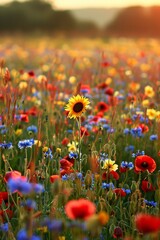 A vast field of cornflowers, poppies and bluebells with one sunflower in the middle, summer photography