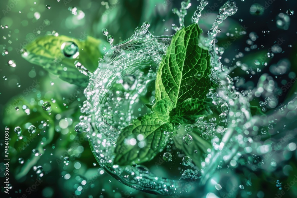 Poster close-up of a leaf with water splashing, suitable for nature concepts