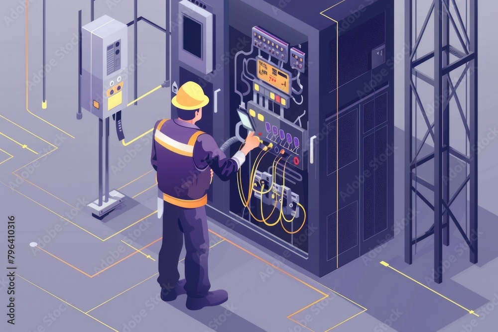 Poster a man in a hard hat working on a machine. suitable for industrial and construction concepts