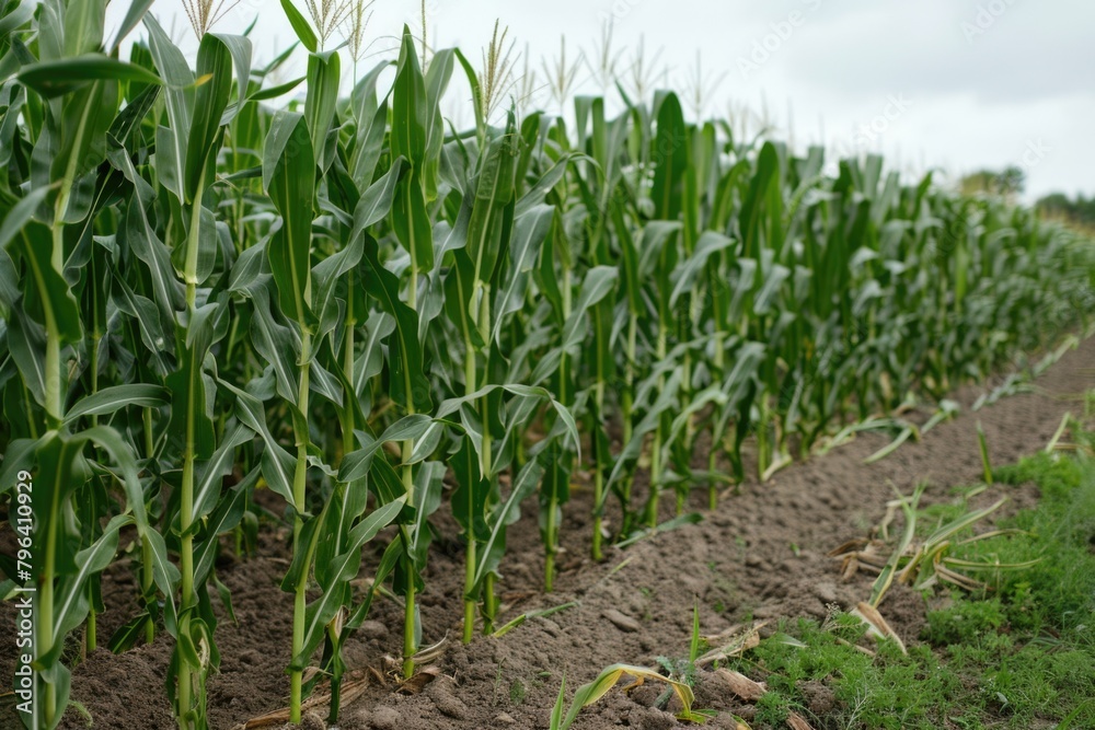 Poster a row of corn growing in a field. suitable for agricultural concepts.