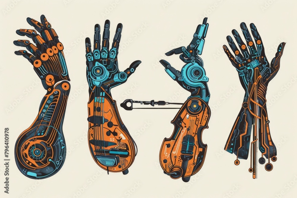 Poster a drawing of robotic hands with scissors, perfect for technology or innovation concepts