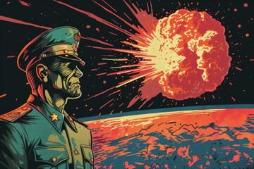 Military man standing in front of a powerful explosion. Suitable for military and war themes - obrazy, fototapety, plakaty