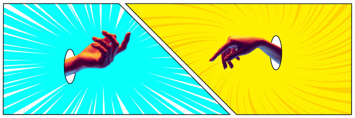 Comics style illustration depicting male and female hand sticking out hole on yellow blue background. Contemporary art collage. Concept of creativity, abstract art. Complementary colors, pop art