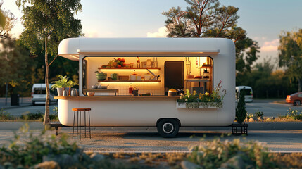 Quaint mobile eatery with white exterior and welcoming window set against muted background