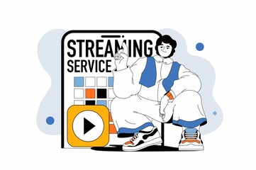 Streaming service outline web modern concept flat line design man watching video cinema using online