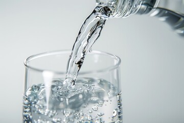 Water being poured into a glass, suitable for various beverage or health concepts - obrazy, fototapety, plakaty