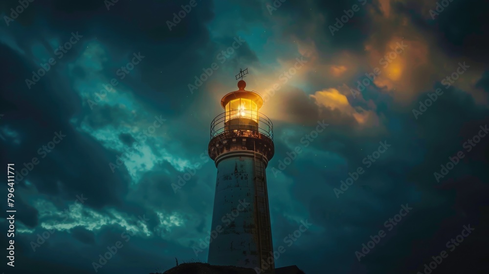 Poster a light shines brightly on top of a lighthouse. ideal for maritime concepts