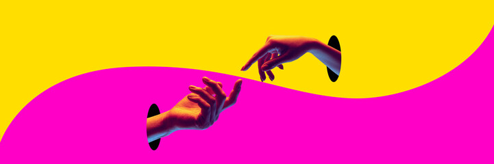 Male and female hands sticking out holes and reaching each other on yellow pink background. Support...
